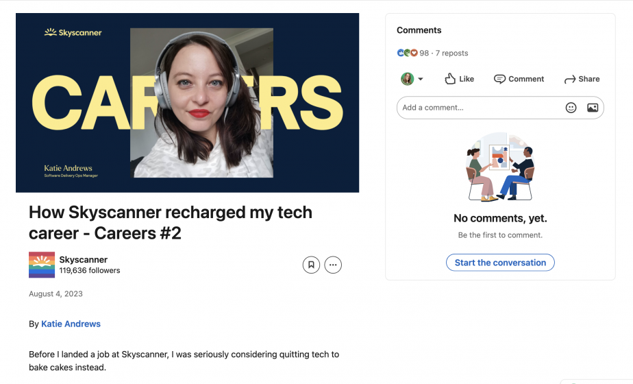 Screenshot of Skyscanner tech careers article on LinkedIn.